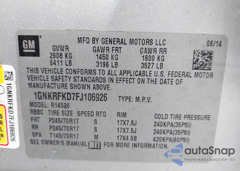 2015 Chevrolet Traverse Ls из США, поврежденный, VIN 1GNKRFKD7FJ106926